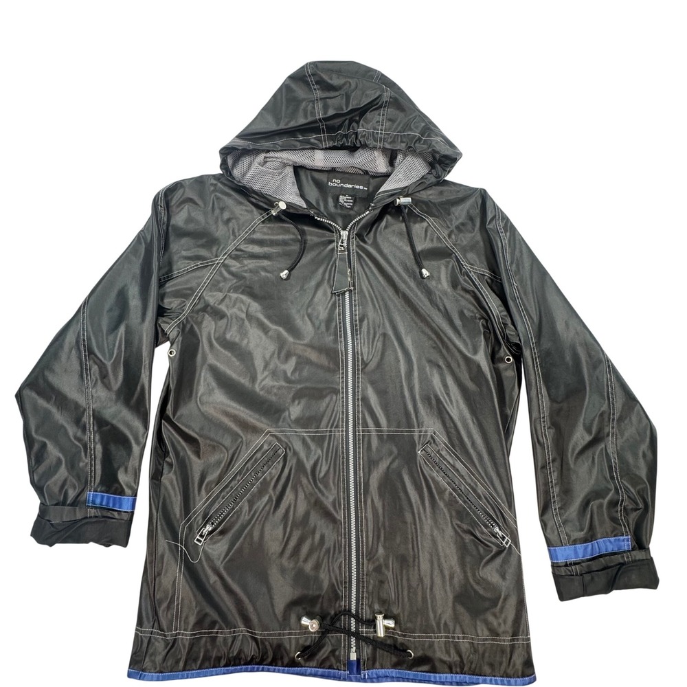 No Boundaries Black Hooded Rain Jacket White Stitching Blue Trim Mens Medium